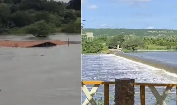 Após fortes chuvas, água chega próximo a telhado de casas em cidade do Ceará