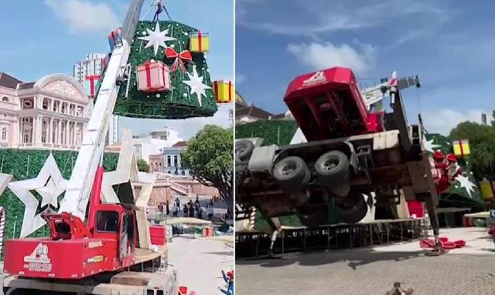 Árvore de natal mata trabalhador após guindaste tombar em Manaus