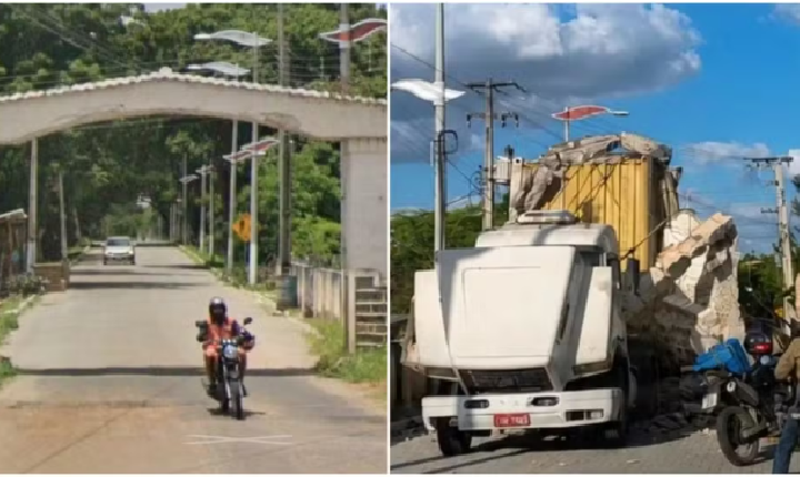 Caminhão destrói arco histórico de acesso ao Açude Cedro, em Quixadá no Ceará