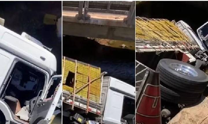 Caminhão sai da pista e cai de ponte na BR-222, em Tianguá, no Interior do Ceará