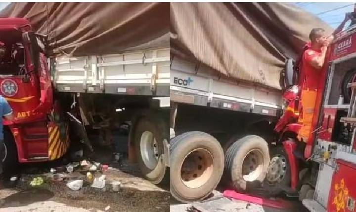 Carro do Corpo de Bombeiros colide com carreta, e militar é transferido de helicóptero para Fortaleza