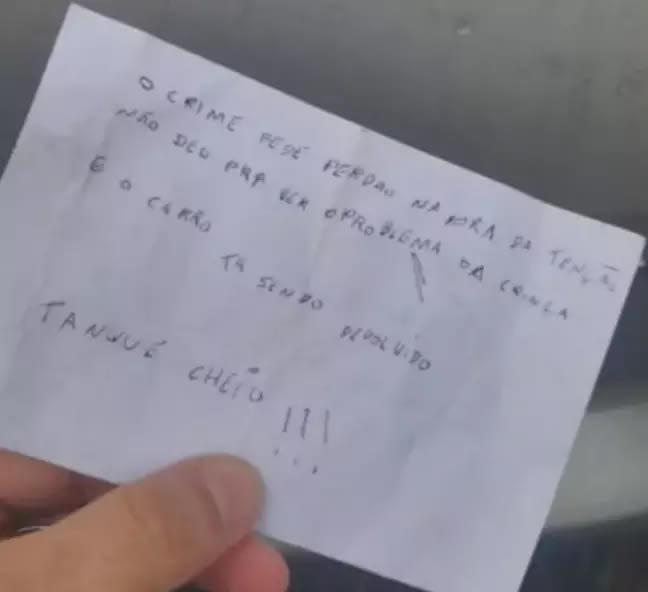 Ladrão se arrepende e devolve veículo roubado com o tanque cheio