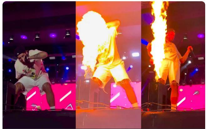 Zé Felipe quase se queima com efeito de fogo no palco durante show em Conceição do Araguaia, no Pará.