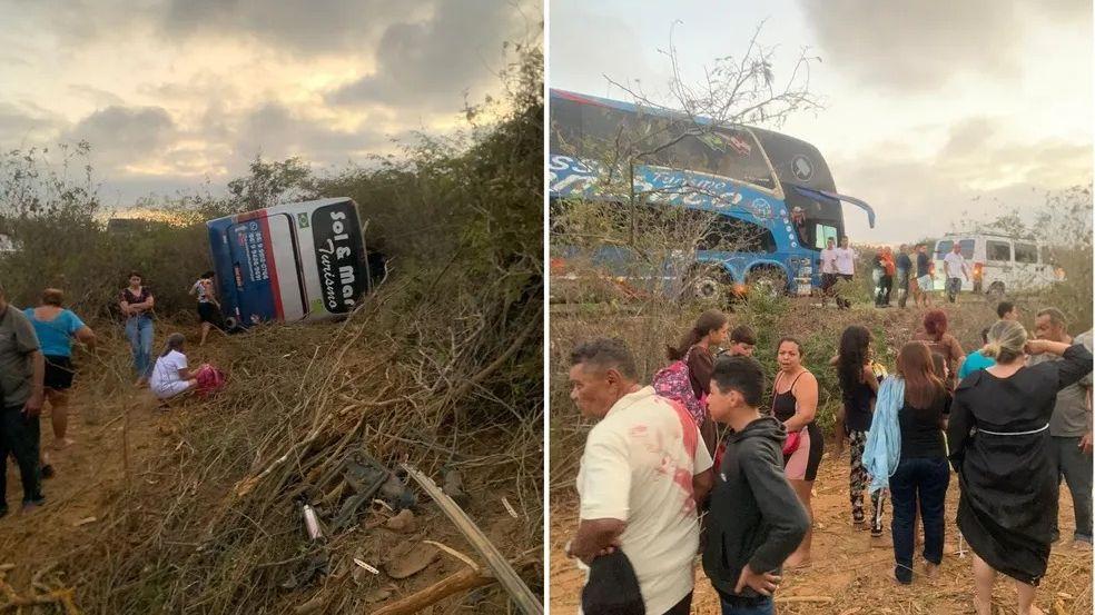 Ônibus com romeiros do Piauí tomba em Pernambuco a caminho do Ceará