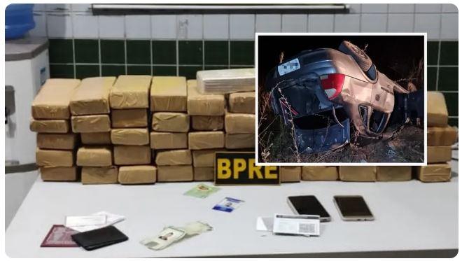 Casal em carro com 50 quilos de droga capota durante perseguição policial na rodovia CE -293, na cidade de Milagres, no Ceará