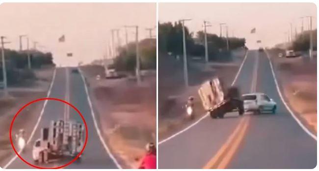 Motorista perde controle de carro com paredão em Morada Noiva Ce, e quase atinge moto com três passageiros