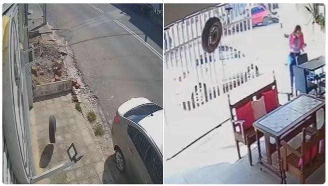 Pneu se solta de carro, entra em cafeteria e por pouco não atinge funcionária na cidade do Crato, interior do Ceará