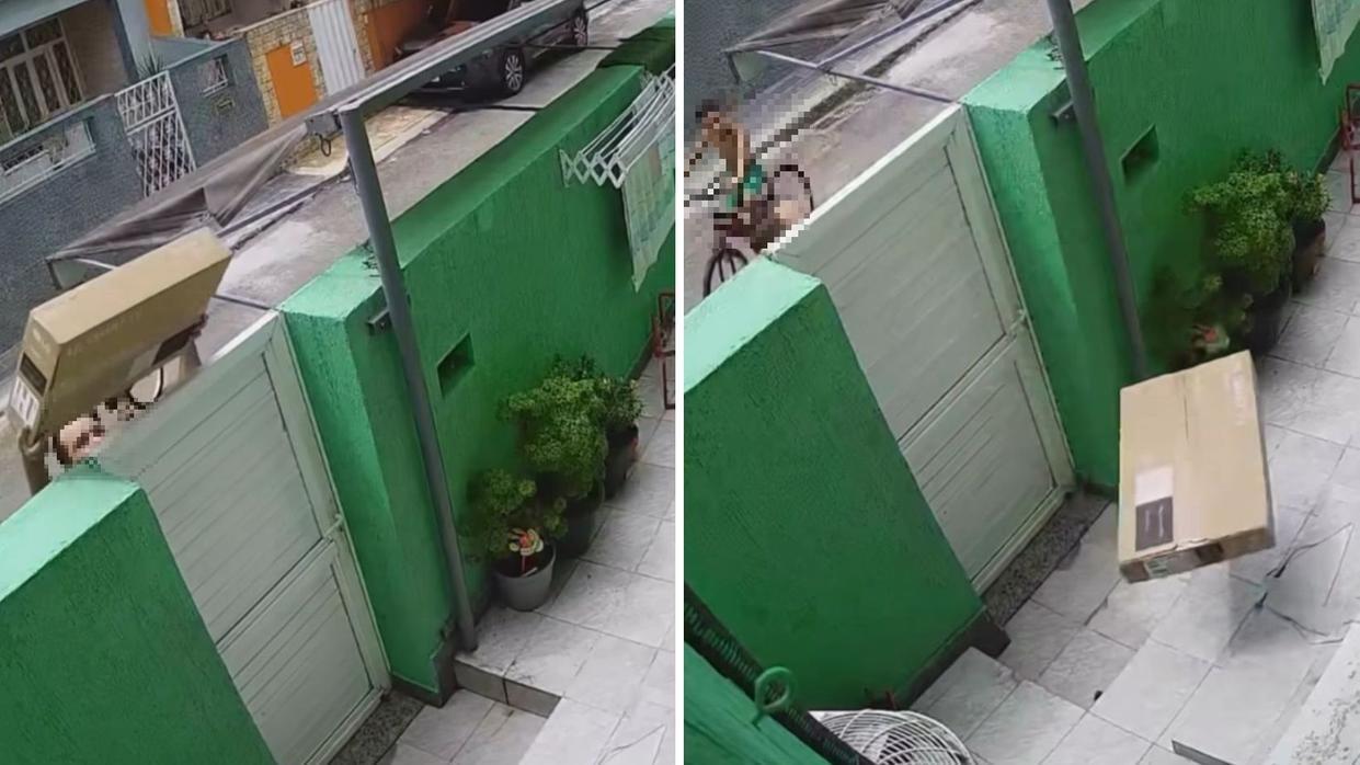 Entregador arremessa TV em quintal de casa após não encontrar ninguém na residência no Rio de Janeiro