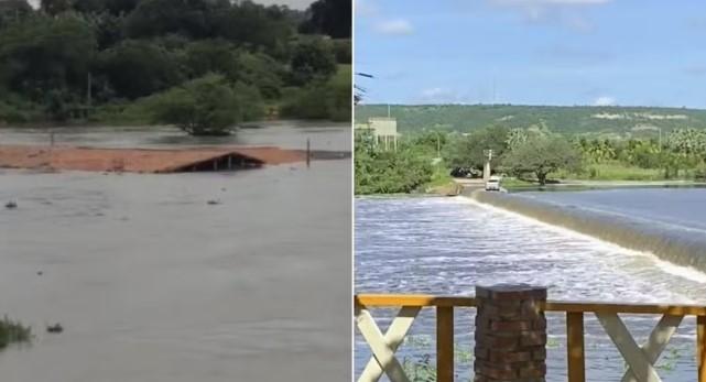 Após fortes chuvas, água chega próximo a telhado de casas em cidade do Ceará
