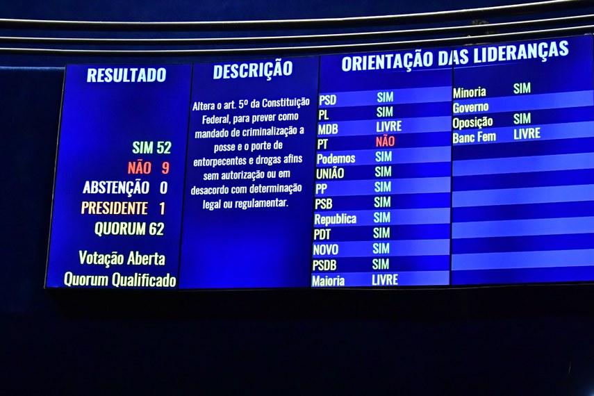 Senado aprova PEC que criminaliza porte e posse de qualquer quantidade de drogas