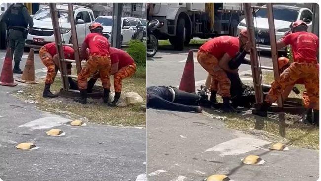 Dois homens são resgatados de dentro de um bueiro em Fortaleza
