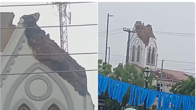 Torre e teto de igreja desabam durante chuva em Maracanaú, no Ceará, duas pessoas ficaram feridas