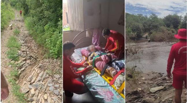 Bombeiros atravessam rio para resgatar idosa de 86 anos em área isolada em Acopiara no Ceará