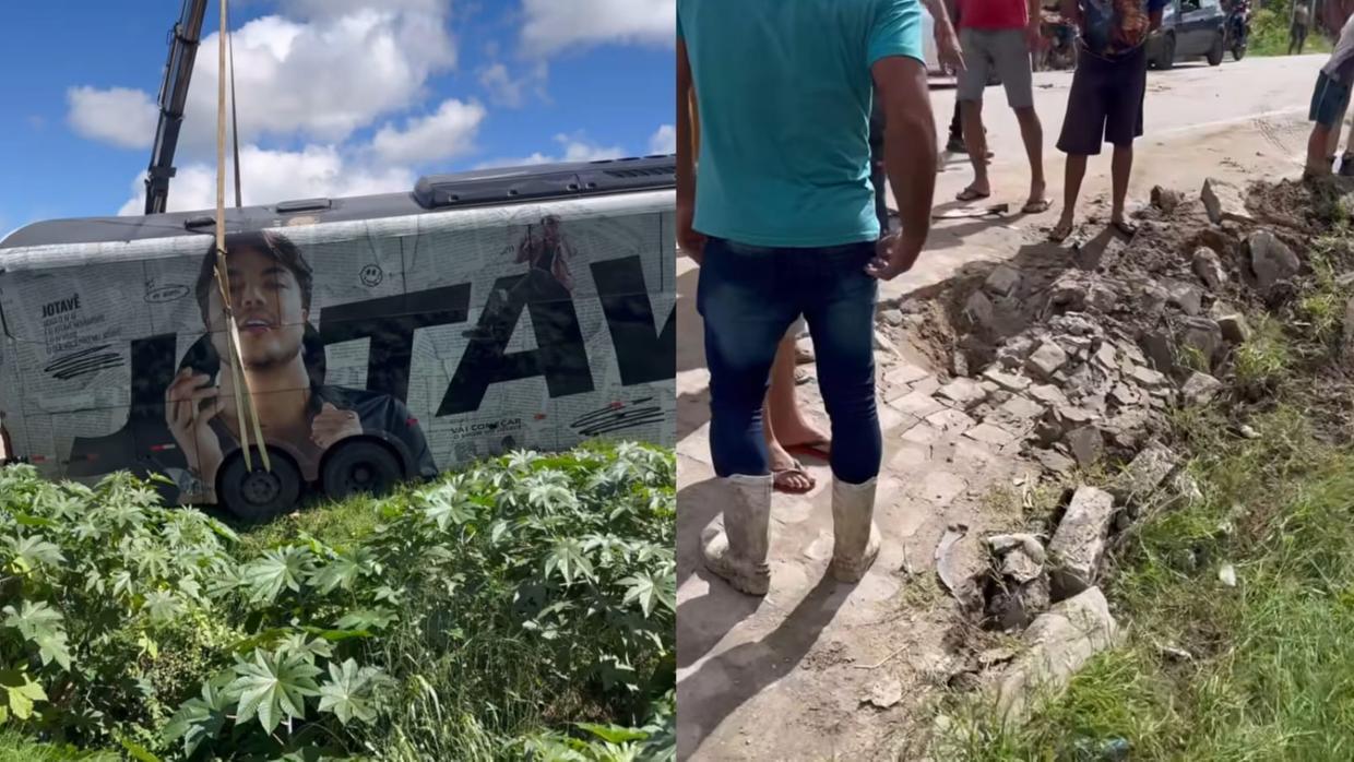 Ônibus de cantor de forró fica pendurado em vala em Pernambuco
