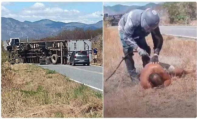 Ataque de abelhas faz motorista perder o controle, bater em poste e tombar caminhão na rodovia CE-265, no município de Catunda, no Ceará