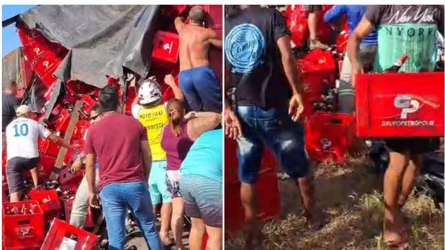 Carga de cerveja cai de caminhão e população saqueia bebidas na BR-222, em Irauçuba, no interior do Ceará