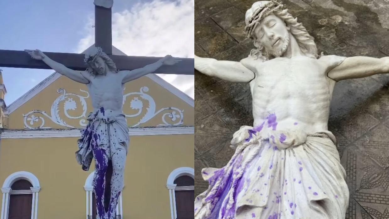 Estátua de Jesus Cristo é vandalizada com violeta genciana em Igreja de Pacatuba