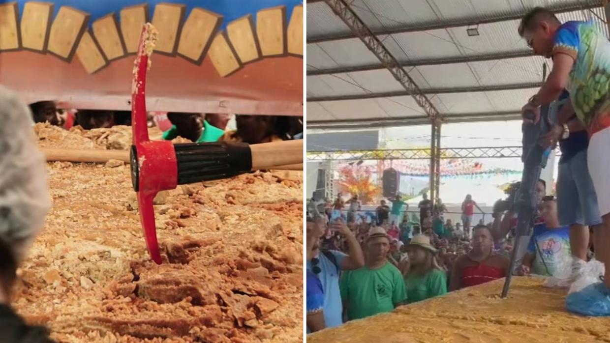 Pindoretama no Ceará faz 'maior rapadura do mundo' e doce é repartido com ajuda de britadeira e picareta