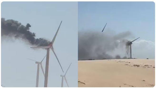 Turbina eólica pega fogo e pás se soltam em Aracati, no Ceará