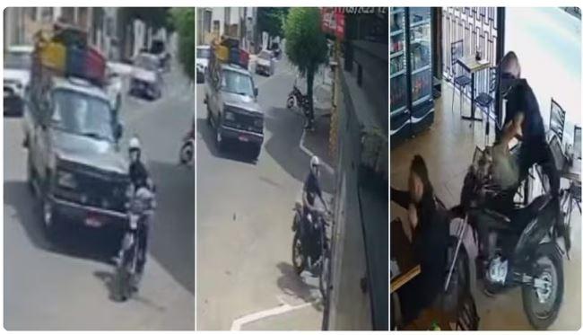 Motociclista perde o controle da moto ao ser atingido por caminhonete e invade padaria na cidade do Crato, no Ceará