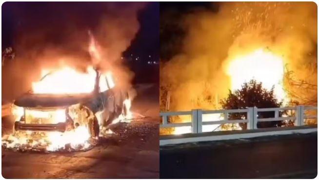 Carro pega fogo em estrada e chamas se espalham para vegetação em Iguatu, no Ceará