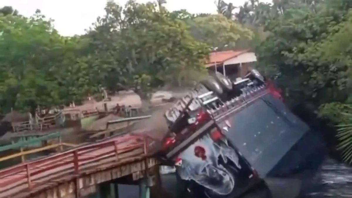 Ponte desaba e caminhão cai em rio no Maranhão