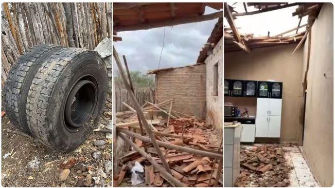 Pneu se solta de caminhão e destrói casa às margens da BR-020, no distrito de Macaoca, em Madalena, no Ceará