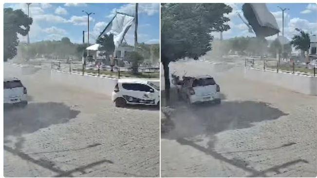 Ventania arrasta teto de quiosque e assusta moradores no distrito de Ibicuã em Piquet Carneiro, no Ceará