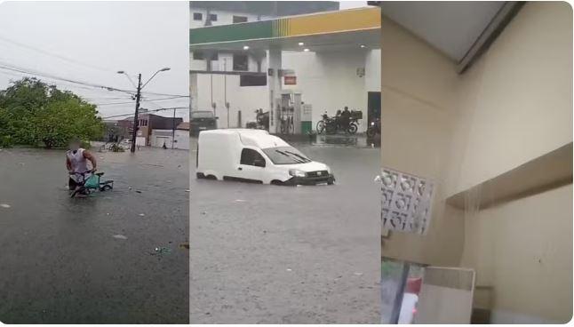 Chuvas de 83 milímetros alagam ruas e carros ficam submersos em Beberibe no Ceará
