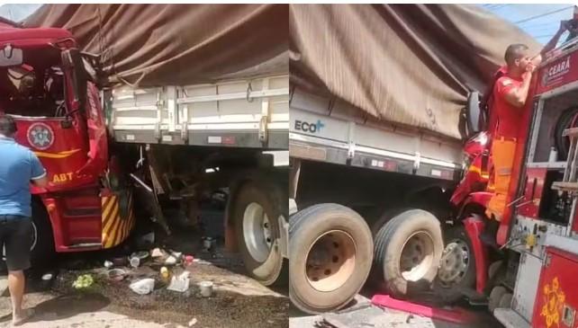 Carro do Corpo de Bombeiros colide com carreta, e militar é transferido de helicóptero para Fortaleza